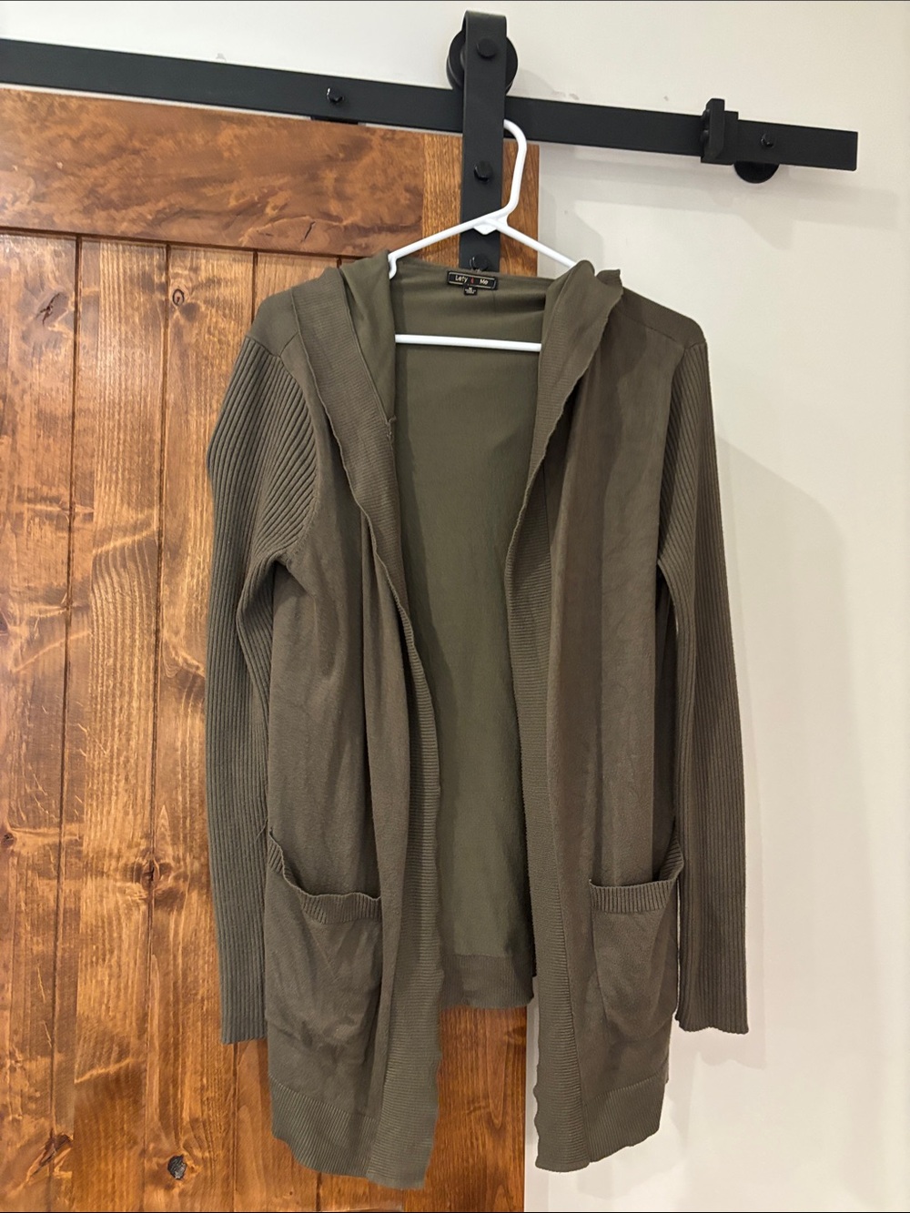 Hooded Olive Open-Front Knit Cardigan